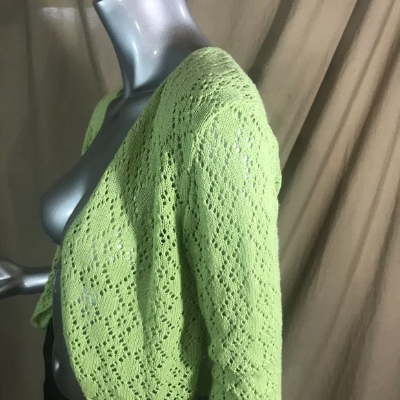 Vintage USA Notations Women's Medium Crop Neon Green Crochet Knit Open Front Car - Picture 4 of 14